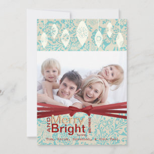 Aqua Red Retro Merry et Bright Family Carte photo