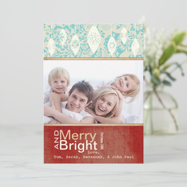Aqua Red Retro Merry et Bright Family Carte photo (Debout devant)