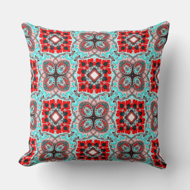 Aqua Red Square Pattern Throw Pillow (Front)