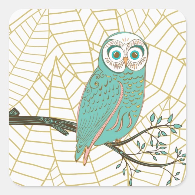 Aqua Retro Owl Design Square Sticker (Front)