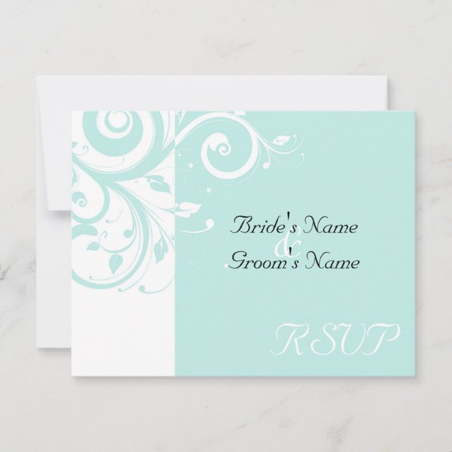 Aqua Reverse Swirl Wedding Matching RSVP Card (Front)