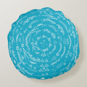 Aqua Reversible to Grey Floral Garland Pattern Round Pillow