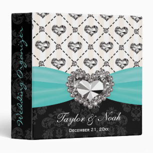 Aqua Rhinestone Heart Look Wedding Organizer Binder