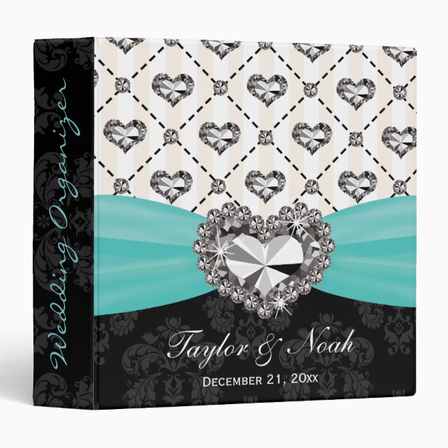 Aqua Rhinestone Heart Look Wedding Organizer Binder (Front/Spine)