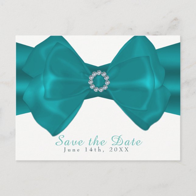 Aqua Ribbon & Diamonds Elegant Glam Save the Date Announcement Postcard (Front)