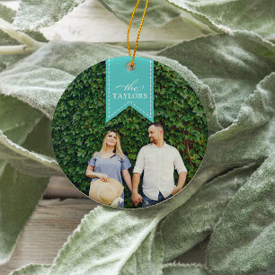 Aqua Ribbon   Holiday Photo Ceramic Ornament