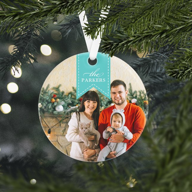Aqua Ribbon | Personalized Holiday Photo Ornament (Creator Uploaded)