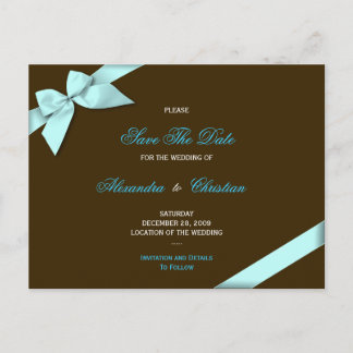 Aqua Ribbon Wedding Save the Date 4 Announcement Postcard