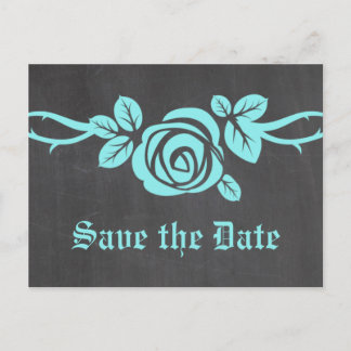 Aqua Rose Chalkboard Save the Date Postcard