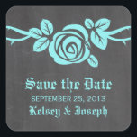 Aqua Rose Chalkboard Save the Date Stickers<br><div class="desc">Sweet and pretty Rose Chalkboard Save the Date Stickers in turquoise featuring a single lovely rose on a vine on a chalkboard look background. This elegant design is perfect for announcing your spring or summer wedding. Easy to customize, simply add your wedding details in the text fields provided. Click "Customize...</div>