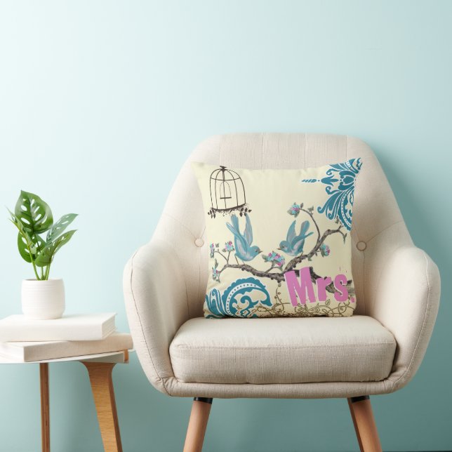 Aqua Rose Chaud Oiseaux Mme. Bride Coussin (Chaise)