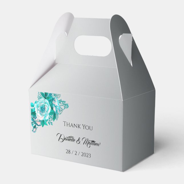 Aqua Rose Elegant Silver Wedding  Favor Box (Front Side)