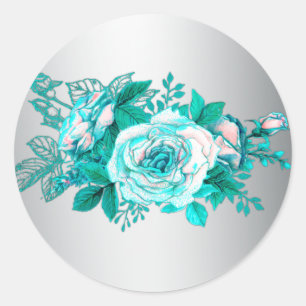 Aqua Roses and Silver Wedding Classic Round Sticker