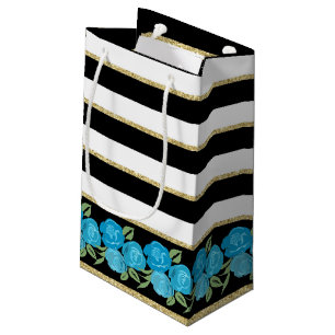 Aqua Roses on Black, White, Gold Gift Bag