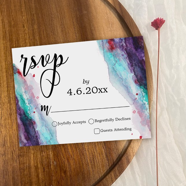 Aqua rouge violet Abstraite Aquarelle Mariage RSVP (Créateur téléchargé)