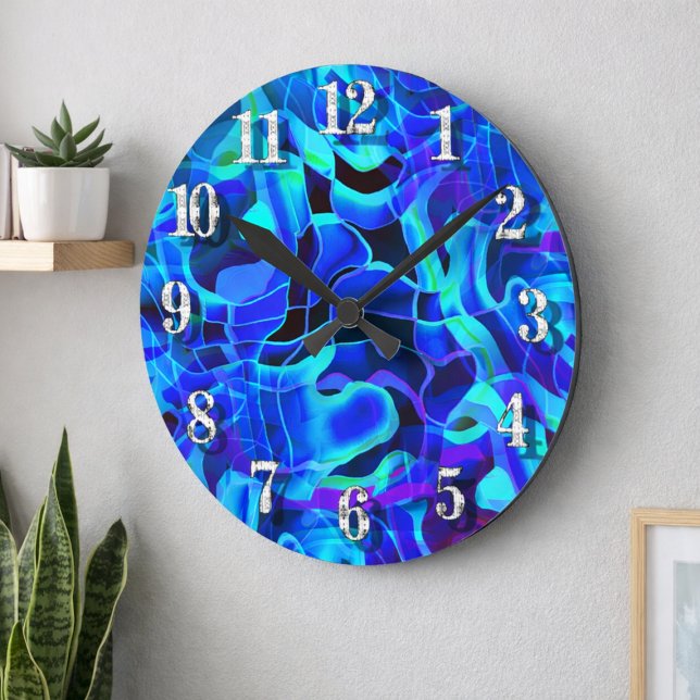 Aqua Royal Blue Asymmetrical Contemporary Pattern Round Clock (Creator Uploaded)