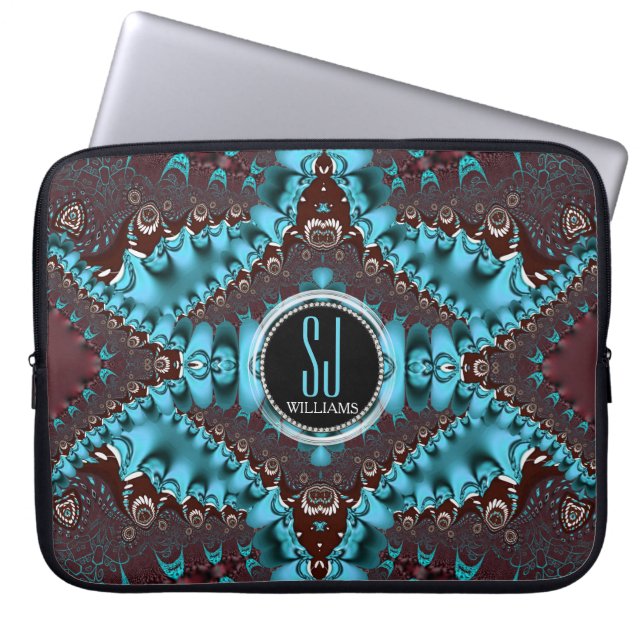 Aqua Royale Fractal Lace Monogram Notebook Laptop Sleeve (Front)