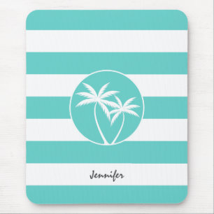 Aqua Rugby Stripes Tropical Palm Logo with Name Mouse Pad