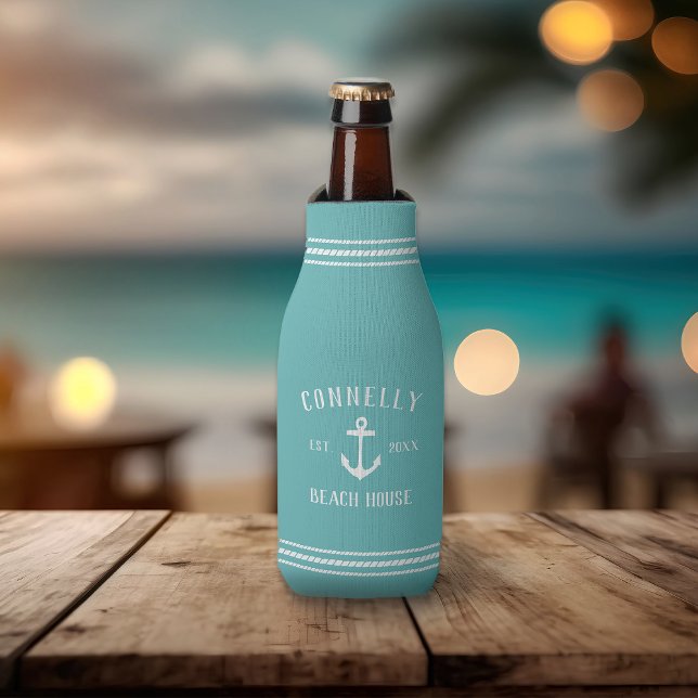 Aqua Rustic Anchor Personalized Beach House Bottle Cooler (Creator Uploaded)