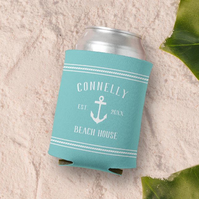 Aqua Rustic Anchor Personalized Beach House Can Cooler (Creator Uploaded)