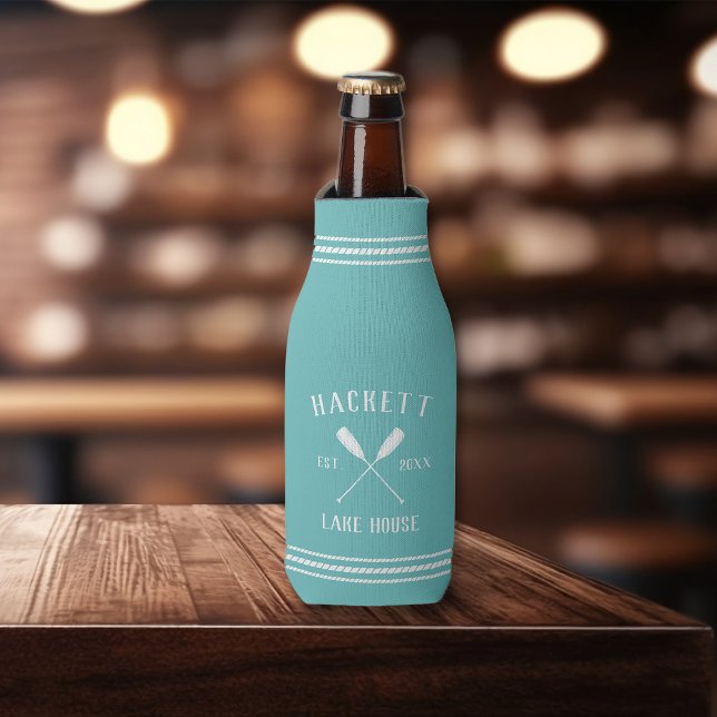 Aqua Rustic Oars Personalized Lake House Bottle Cooler (Creator Uploaded)
