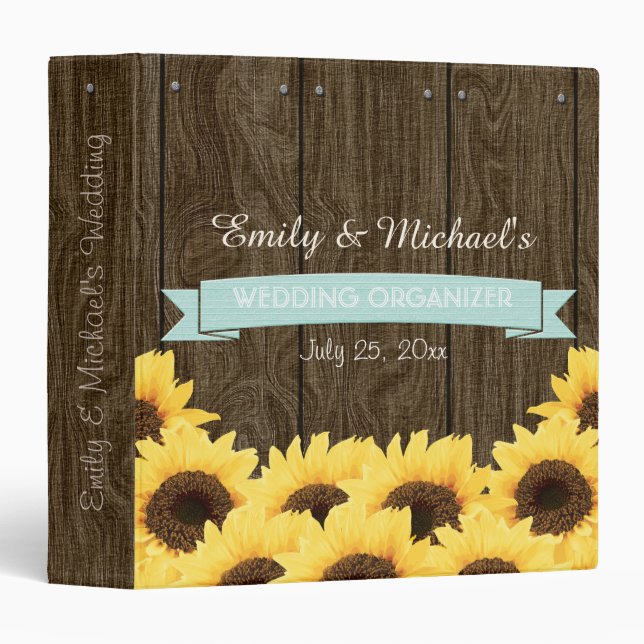 AQUA RUSTIC SUNFLOWER WEDDING ORGANIZER BINDER (Front/Spine)