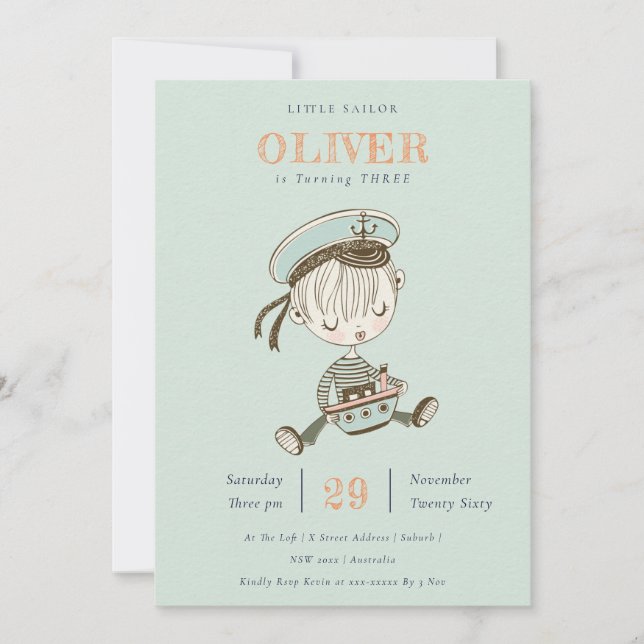 Aqua Sailor Nautical N'importe quel âge Invitation (Devant)