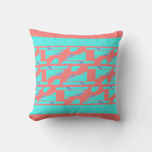 Aqua Salmon Bordered MCM Look Mosaic-like Design Throw Pillow