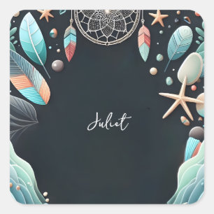 Aqua Sand Work Stacked Sea Glass Bridal Shower Square Sticker