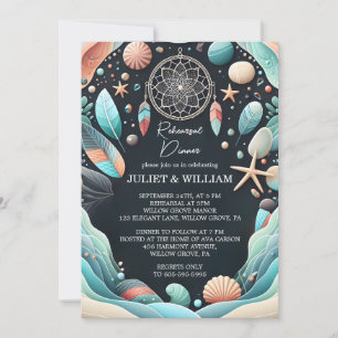 Aqua Sand Work Stacked Sea Glass Rehearsal Dinner Invitation