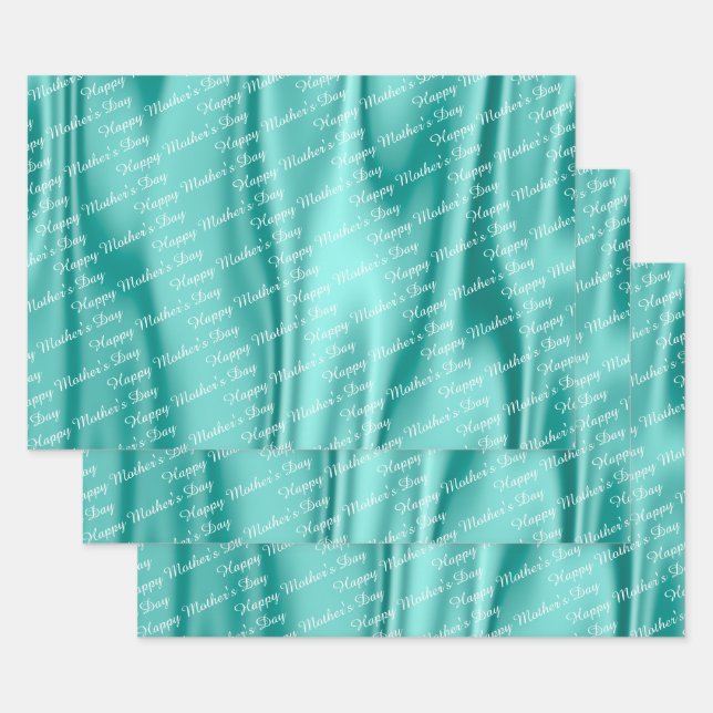 Aqua Satin - Happy Mother's Day - Text Pattern Wrapping Paper Sheet (Set)