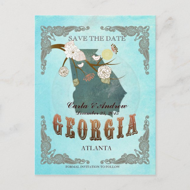 Aqua Save The Date - Georgia Map With Lovely Birds Announcement Postcard (Front)