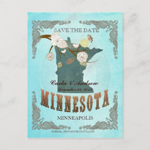 Aqua Save The Date - MN Map With Lovely Birds Announcement Postcard