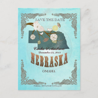 Aqua Save The Date -Nebraska Map With Lovely Birds Announcement Postcard