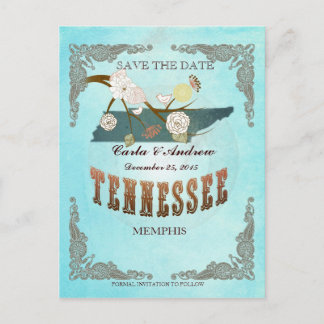 Aqua Save The Date - TN Map With Lovely Birds Announcement Postcard