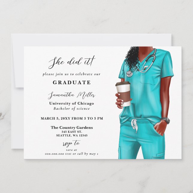 Aqua Scrubs Nurse Photo She Did It Graduation Invitation (Front)