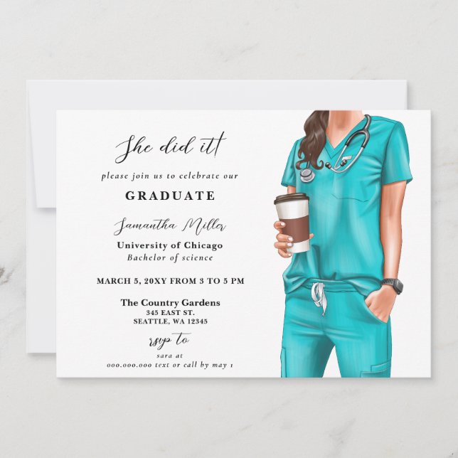 Aqua Scrubs Nurse Photo She Did It Graduation Invitation (Front)