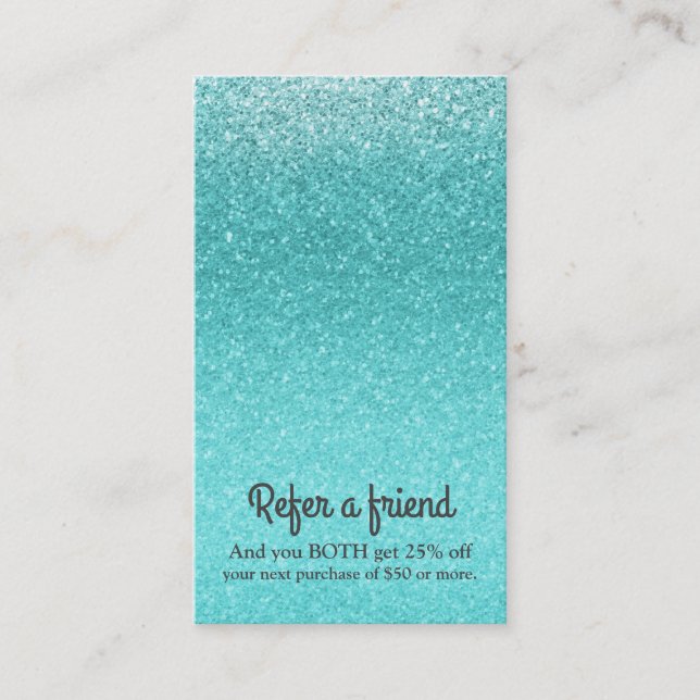 Aqua Sea Blue Glitter Sparkle Glam Elegant Glitzy Referral Card (Front)