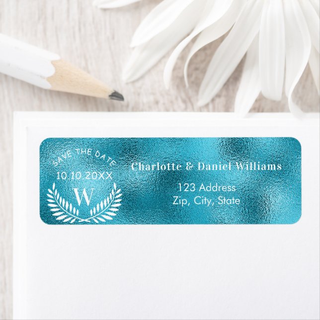Aqua sea blue save date wedding return address (Insitu)
