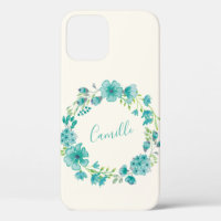 Aqua Sea Green Floral Wreath Personalized