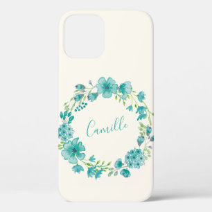 Aqua Sea Green Floral Wreath Personalized iPhone 12 Case