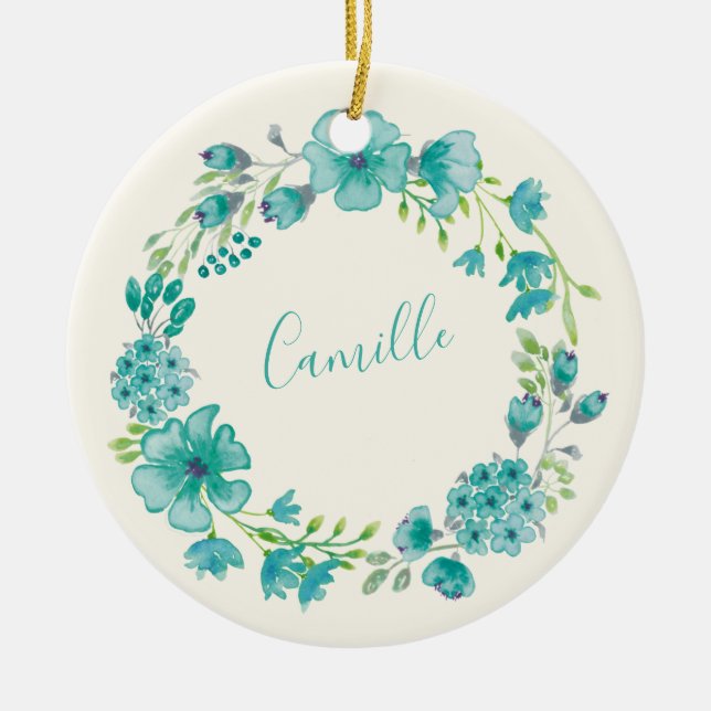 Aqua Sea Green Floral Wreath Personalized   Ceramic Ornament (Front)