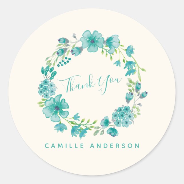 Aqua Sea Green Floral Wreath Personalized Classic Round Sticker (Front)