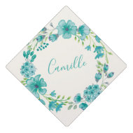 Aqua Sea Green Floral Wreath Personalized Graduation Cap Topper
