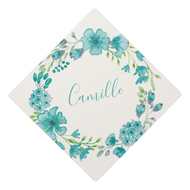 Aqua Sea Green Floral Wreath Personalized Graduation Cap Topper (Front)
