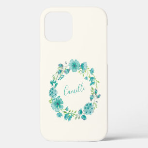 Aqua Sea Green Floral Wreath Personalized iPhone 12 Case