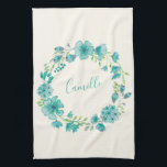 Aqua Sea Green Floral Wreath Personalized Kitchen Towel<br><div class="desc">Aqua Sea Green Floral Wreath Personalized Kitchen Towel</div>