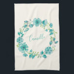 Aqua Sea Green Floral Wreath Personalized Kitchen Towel<br><div class="desc">Aqua Sea Green Floral Wreath Personalized Kitchen Towel</div>