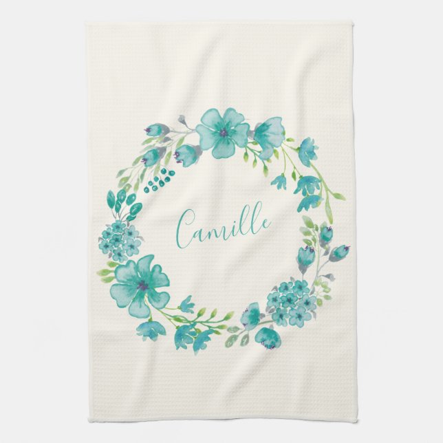 Aqua Sea Green Floral Wreath Personalized Kitchen Towel (Vertical)
