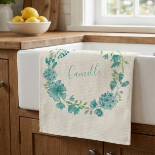 Aqua Sea Green Floral Wreath Personalized Kitchen Towel